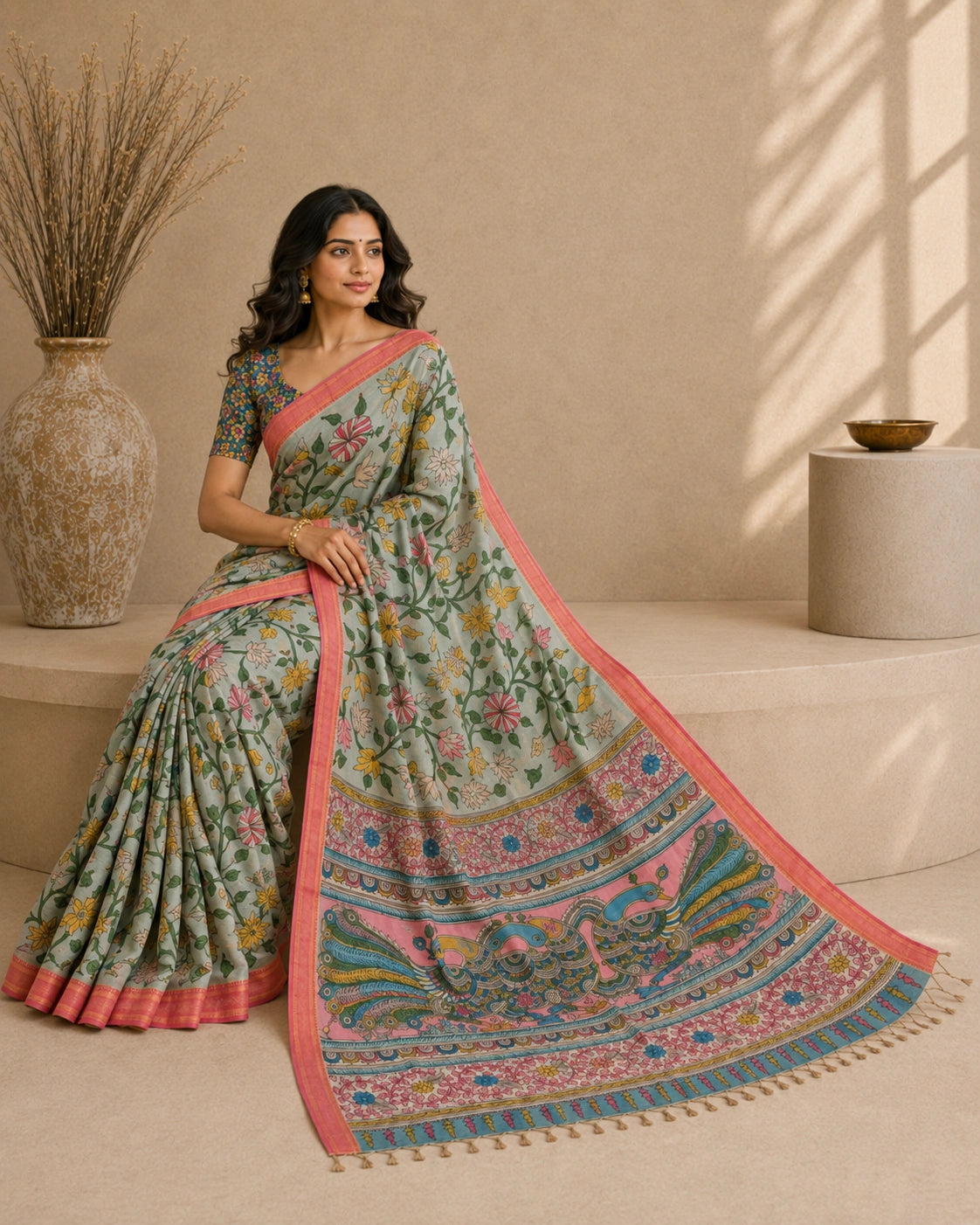 Floral Kalamkari Cotton Silk Saree with Contrast Border & Designer Blouse Piece