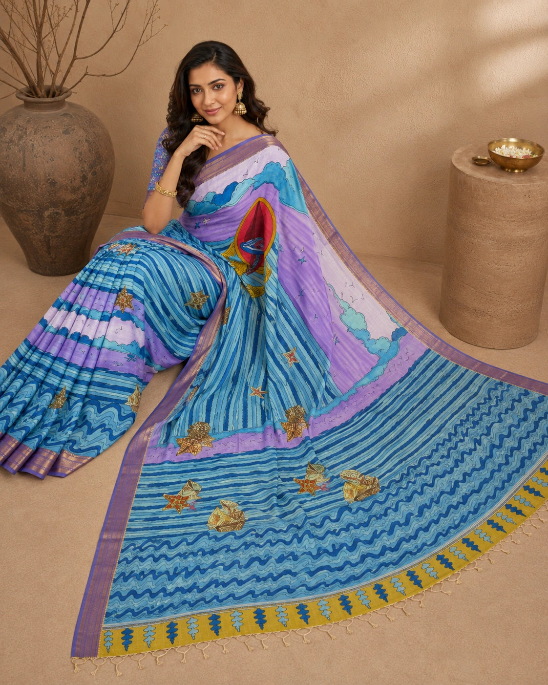 Kalamkari Cotton Silk Saree with Ocean Theme Design | Artistic Printed Saree with Blouse Piece | Elegant Ethnic Wear for Women