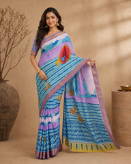 Kalamkari Cotton Silk Saree with Ocean Theme Design | Artistic Printed Saree with Blouse Piece | Elegant Ethnic Wear for Women