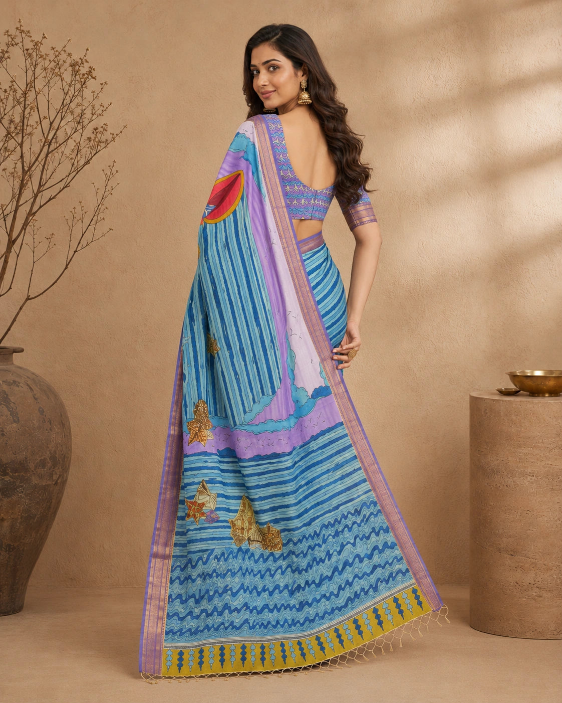 Kalamkari Cotton Silk Saree with Ocean Theme Design | Artistic Printed Saree with Blouse Piece | Elegant Ethnic Wear for Women