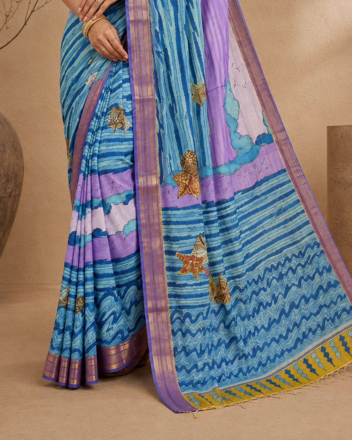 Kalamkari Cotton Silk Saree with Ocean Theme Design | Artistic Printed Saree with Blouse Piece | Elegant Ethnic Wear for Women