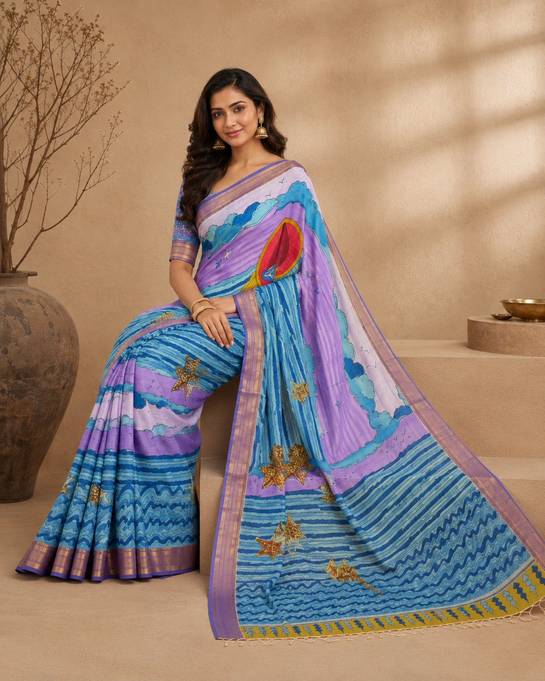Kalamkari Cotton Silk Saree with Ocean Theme Design | Artistic Printed Saree with Blouse Piece | Elegant Ethnic Wear for Women