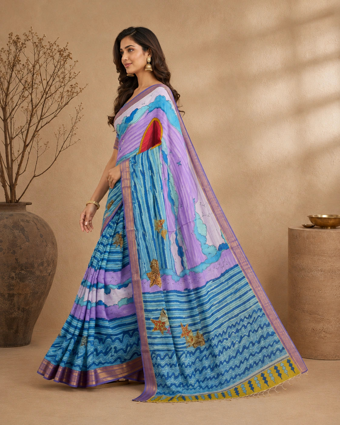 Kalamkari Cotton Silk Saree with Ocean Theme Design | Artistic Printed Saree with Blouse Piece | Elegant Ethnic Wear for Women