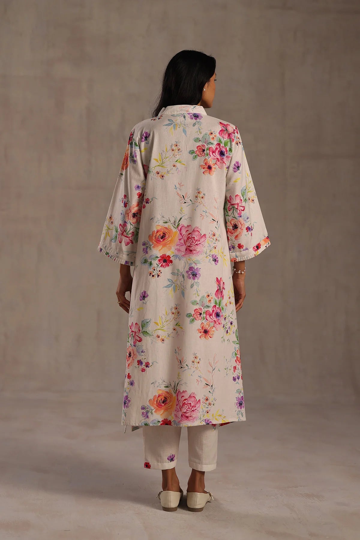 Ivory Floral Kalamkari Cotton Kurti Set with Bottom & Dupatta for Women