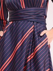 Women’s Navy Blue Striped Satin Midi Dress | Fit-and-Flare Dress