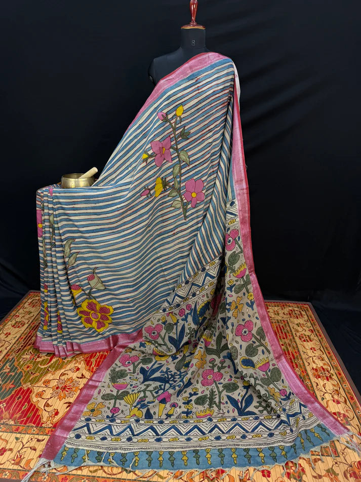 Elegant Kalamkari Floral Cotton Silk Saree with Striped Pallu & Contrast Blouse | Traditional Indian Ethnic Wear
