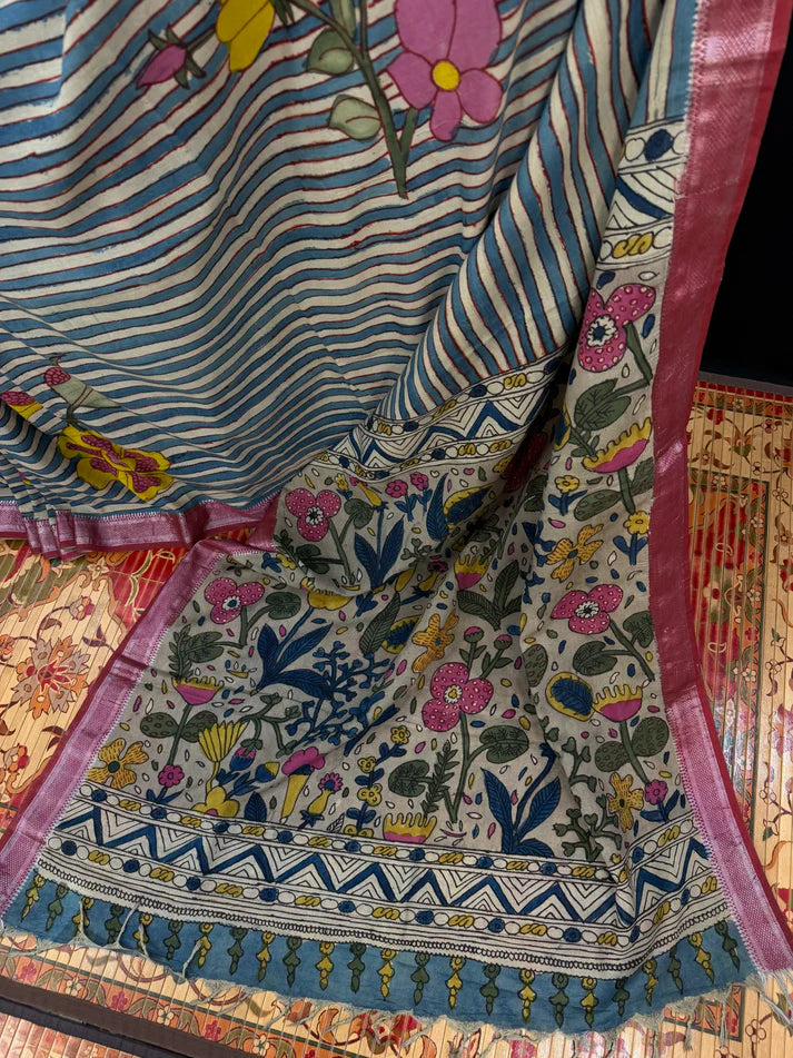 Elegant Kalamkari Floral Cotton Silk Saree with Striped Pallu & Contrast Blouse | Traditional Indian Ethnic Wear
