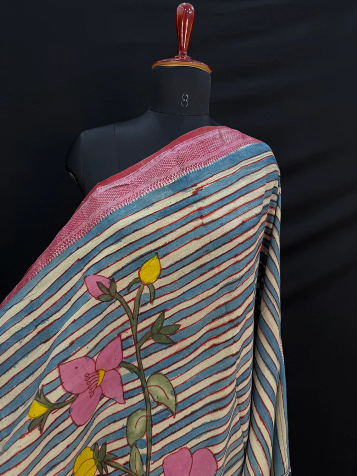 Elegant Kalamkari Floral Cotton Silk Saree with Striped Pallu & Contrast Blouse | Traditional Indian Ethnic Wear