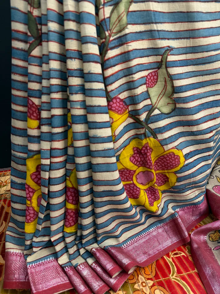 Elegant Kalamkari Floral Cotton Silk Saree with Striped Pallu & Contrast Blouse | Traditional Indian Ethnic Wear