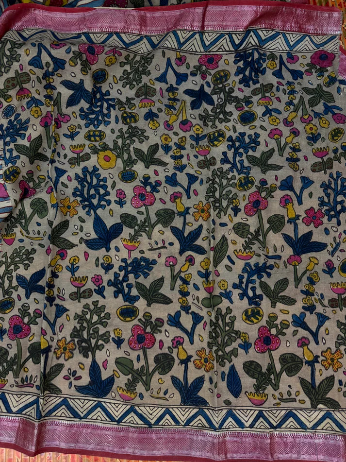 Elegant Kalamkari Floral Cotton Silk Saree with Striped Pallu & Contrast Blouse | Traditional Indian Ethnic Wear