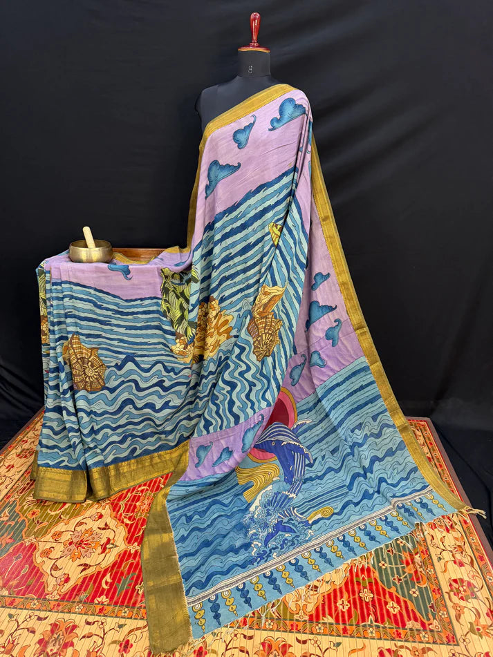 Kalamkari Ocean Theme Saree with Artistic Wave & Whale Design | Elegant Statement Saree for Festive & Casual Wear | Kalakarie