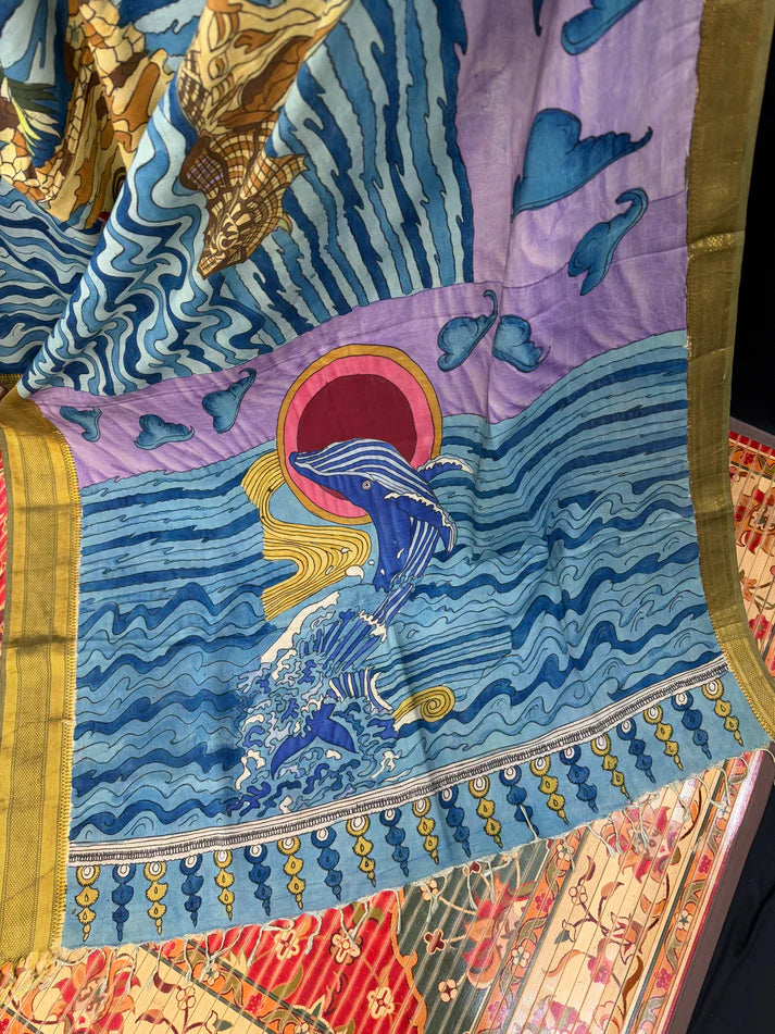 Kalamkari Ocean Theme Saree with Artistic Wave & Whale Design | Elegant Statement Saree for Festive & Casual Wear | Kalakarie