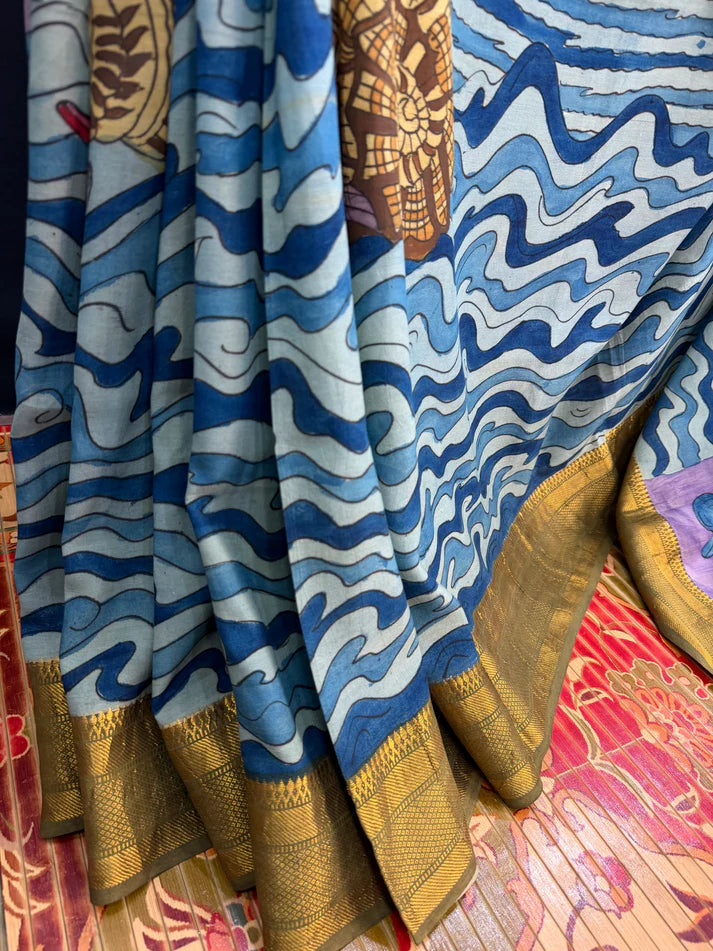Kalamkari Ocean Theme Saree with Artistic Wave & Whale Design | Elegant Statement Saree for Festive & Casual Wear | Kalakarie