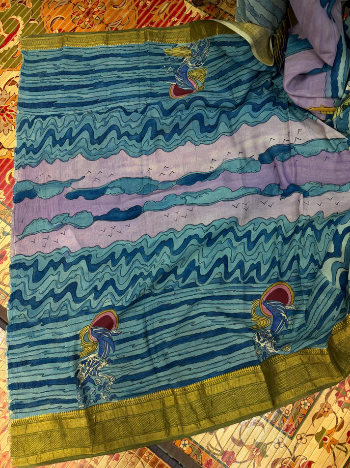 Kalamkari Ocean Theme Saree with Artistic Wave & Whale Design | Elegant Statement Saree for Festive & Casual Wear | Kalakarie