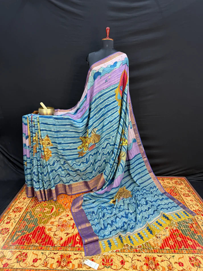 Kalamkari Cotton Silk Saree with Ocean Theme Design | Artistic Printed Saree with Blouse Piece | Elegant Ethnic Wear for Women