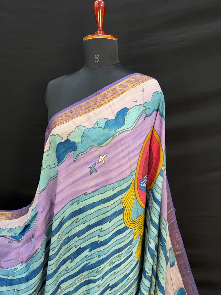 Kalamkari Cotton Silk Saree with Ocean Theme Design | Artistic Printed Saree with Blouse Piece | Elegant Ethnic Wear for Women
