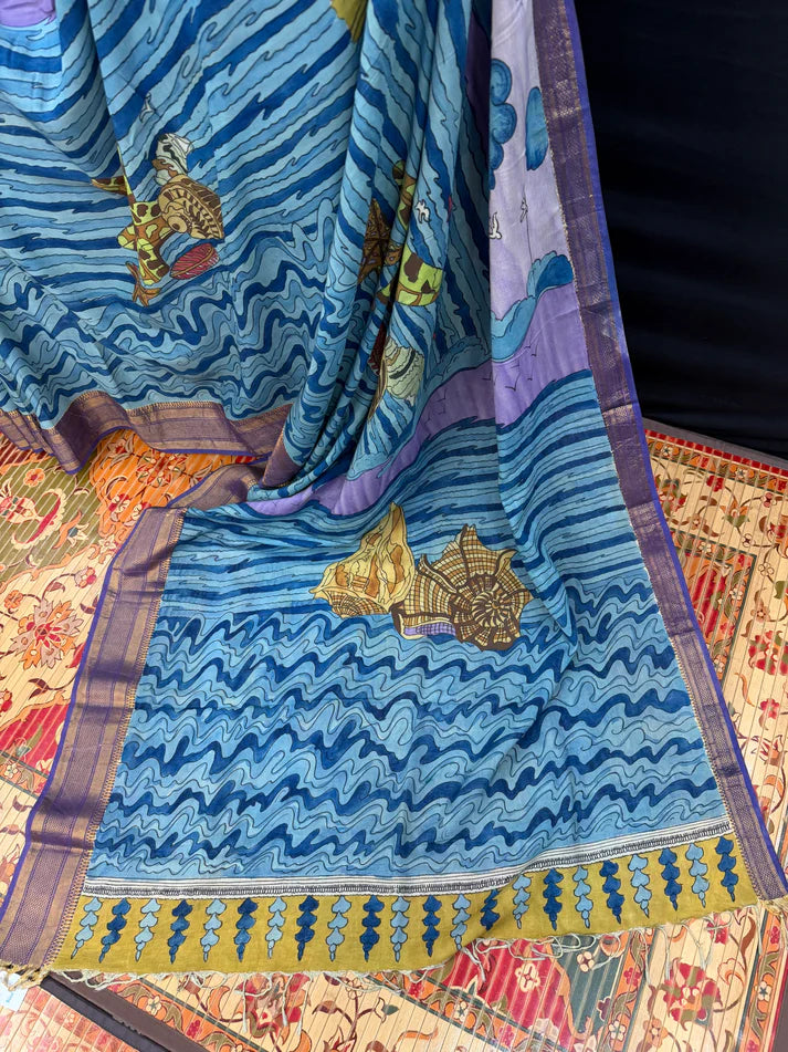 Kalamkari Cotton Silk Saree with Ocean Theme Design | Artistic Printed Saree with Blouse Piece | Elegant Ethnic Wear for Women