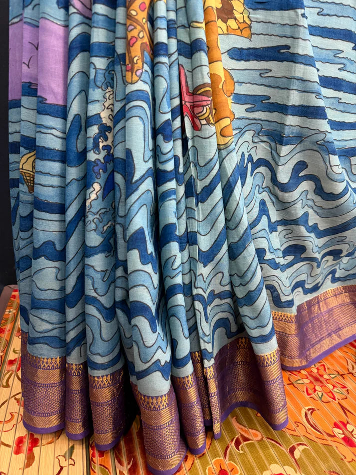 Kalamkari Cotton Silk Saree with Ocean Theme Design | Artistic Printed Saree with Blouse Piece | Elegant Ethnic Wear for Women