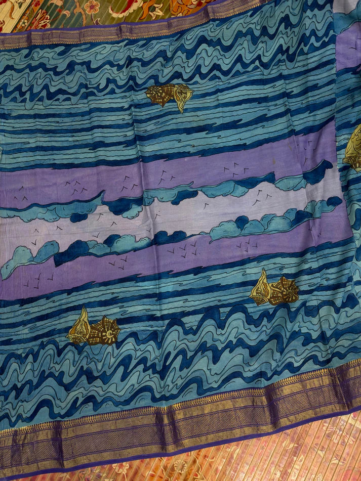 Kalamkari Cotton Silk Saree with Ocean Theme Design | Artistic Printed Saree with Blouse Piece | Elegant Ethnic Wear for Women