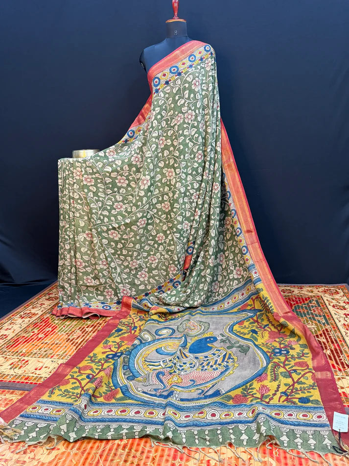 Kalamkari Floral Saree with Peacock Pallu | Cotton Silk Saree with Contrast Blouse | Elegant Ethnic Wear for Festive & Casual