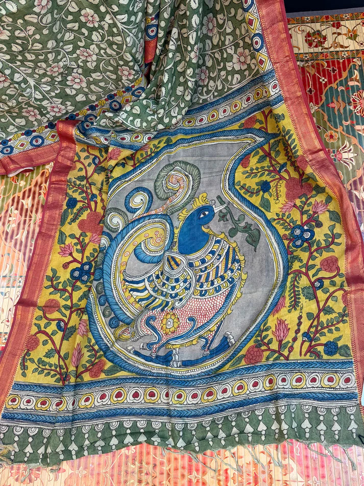 Kalamkari Floral Saree with Peacock Pallu | Cotton Silk Saree with Contrast Blouse | Elegant Ethnic Wear for Festive & Casual