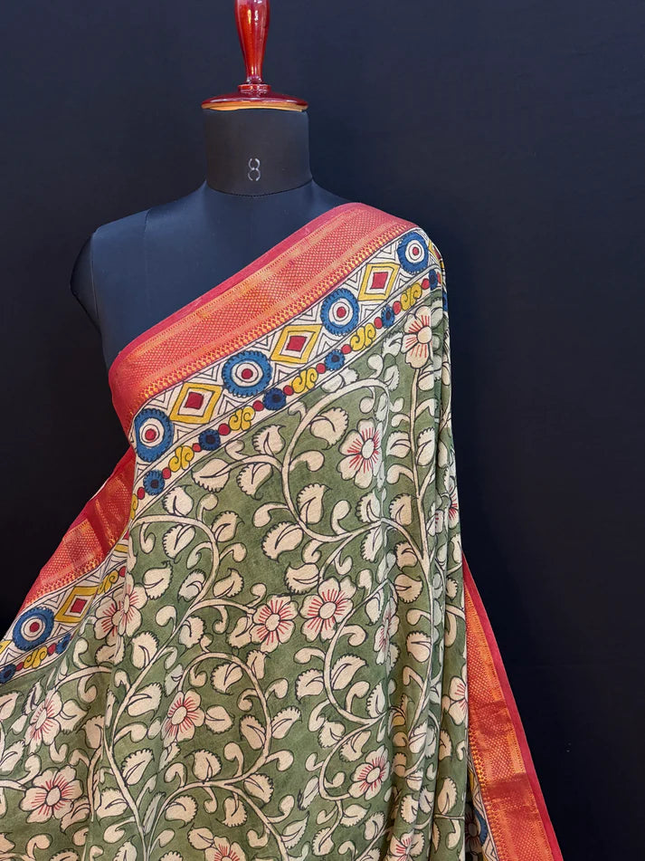 Kalamkari Floral Saree with Peacock Pallu | Cotton Silk Saree with Contrast Blouse | Elegant Ethnic Wear for Festive & Casual