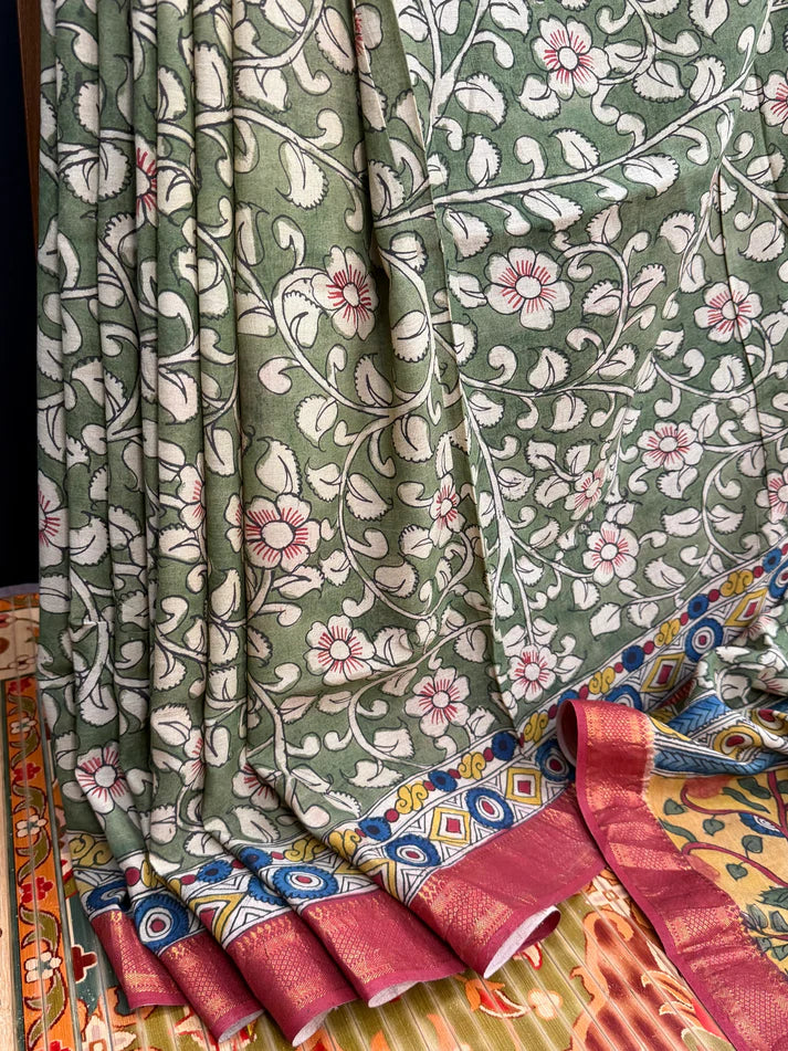 Kalamkari Floral Saree with Peacock Pallu | Cotton Silk Saree with Contrast Blouse | Elegant Ethnic Wear for Festive & Casual