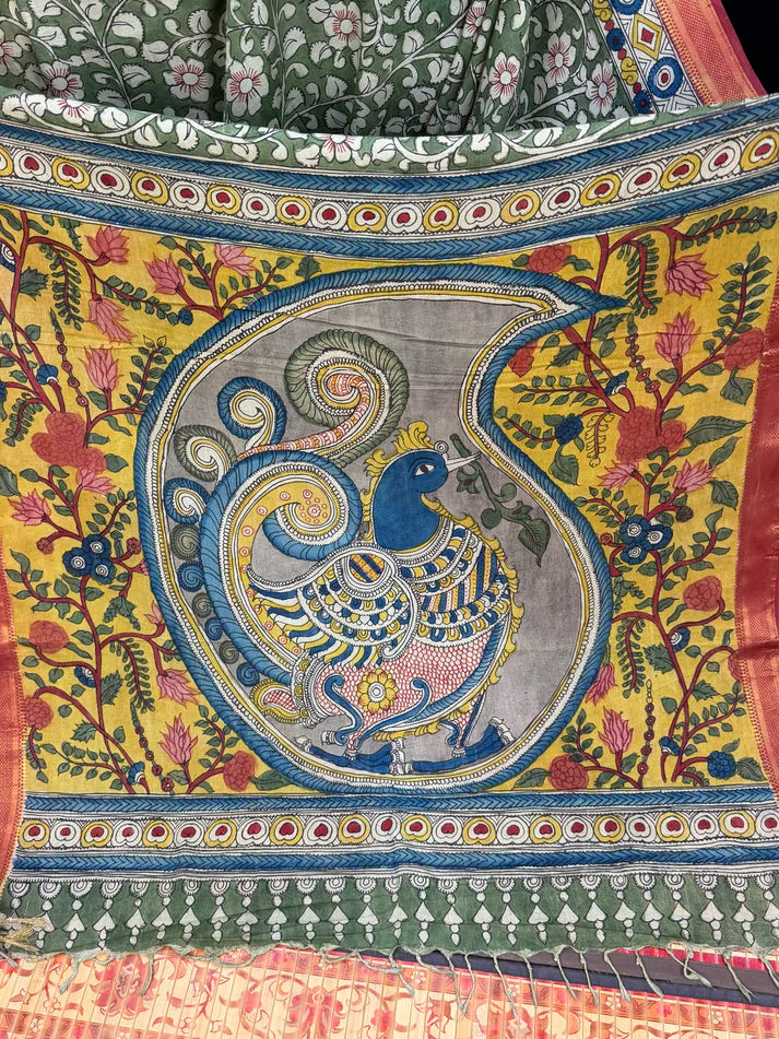 Kalamkari Floral Saree with Peacock Pallu | Cotton Silk Saree with Contrast Blouse | Elegant Ethnic Wear for Festive & Casual