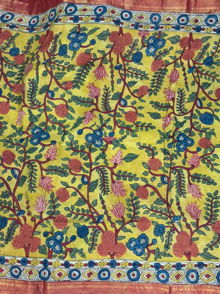 Kalamkari Floral Saree with Peacock Pallu | Cotton Silk Saree with Contrast Blouse | Elegant Ethnic Wear for Festive & Casual