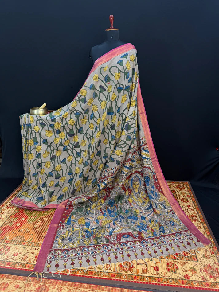 Kalamkari Printed Cotton Silk Saree with Contrast Border & Designer Blouse Piece | Floral & Mythological Pallu Saree