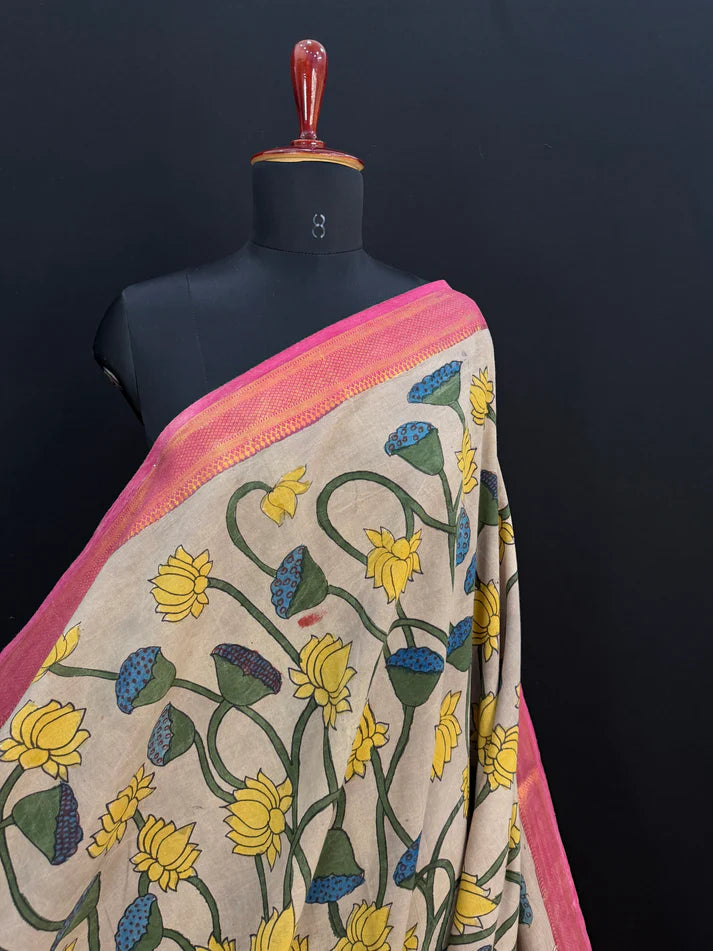 Kalamkari Printed Cotton Silk Saree with Contrast Border & Designer Blouse Piece | Floral & Mythological Pallu Saree