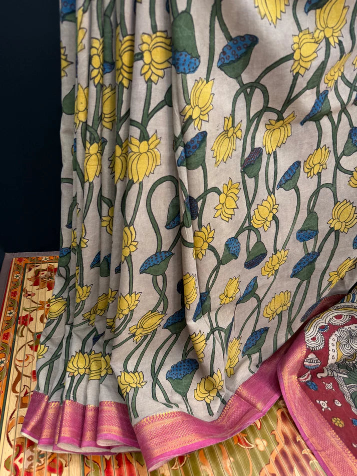 Kalamkari Printed Cotton Silk Saree with Contrast Border & Designer Blouse Piece | Floral & Mythological Pallu Saree