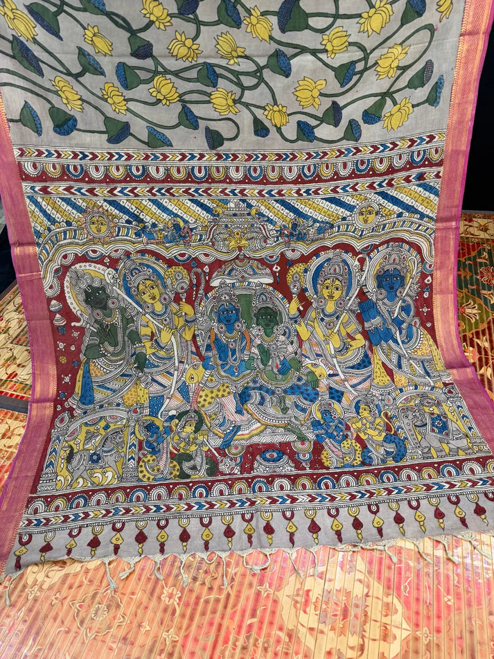 Kalamkari Printed Cotton Silk Saree with Contrast Border & Designer Blouse Piece | Floral & Mythological Pallu Saree