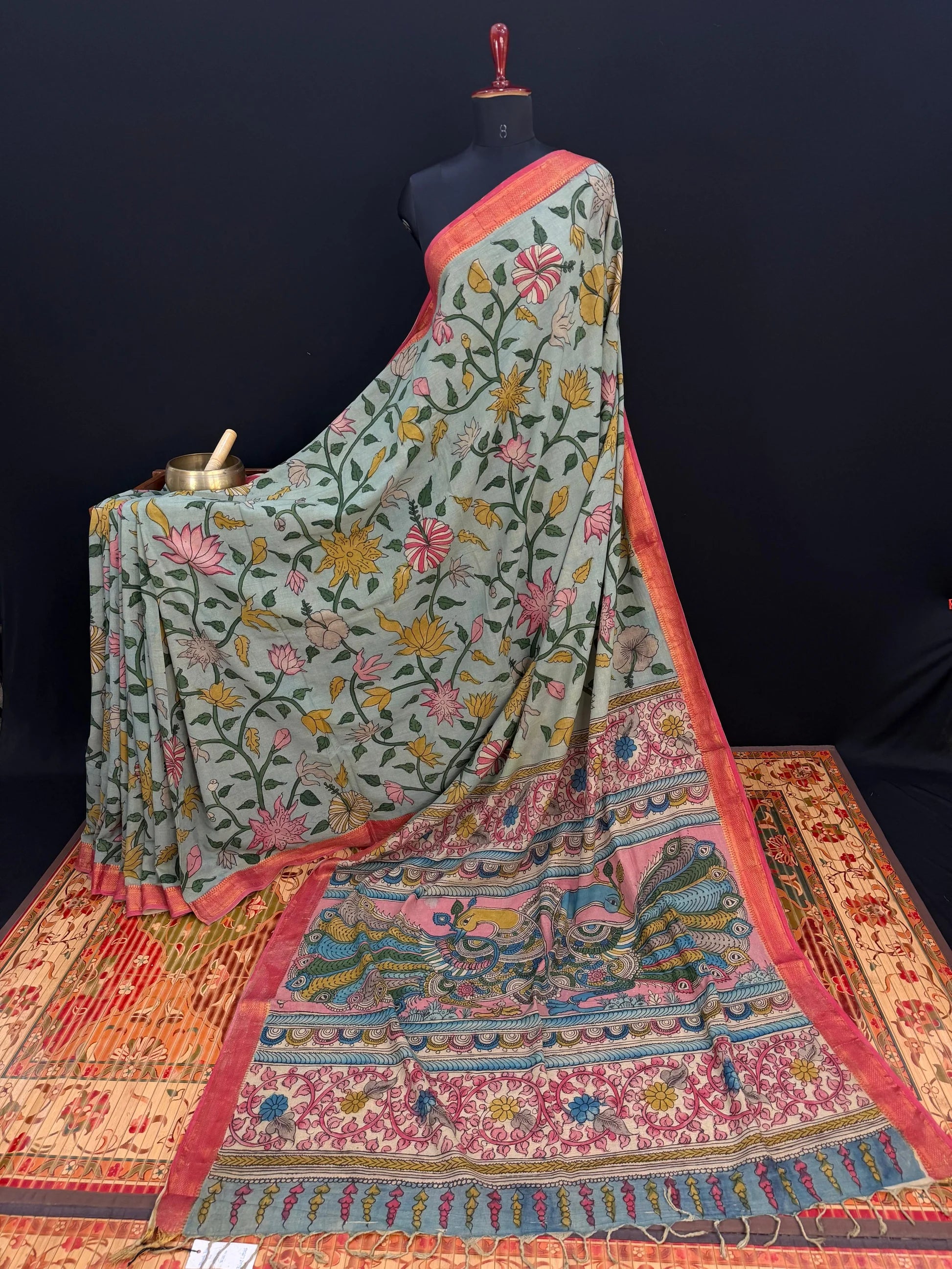 Floral Kalamkari Cotton Silk Saree with Contrast Border & Designer Blouse Piece