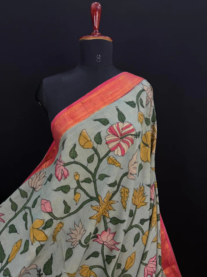 Floral Kalamkari Cotton Silk Saree with Contrast Border & Designer Blouse Piece