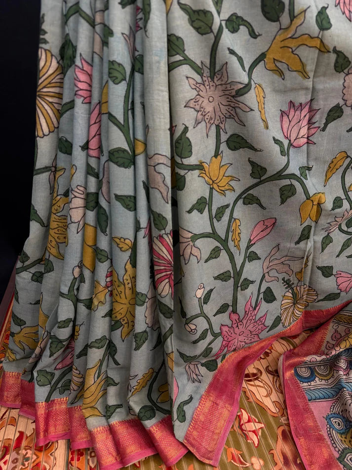 Floral Kalamkari Cotton Silk Saree with Contrast Border & Designer Blouse Piece