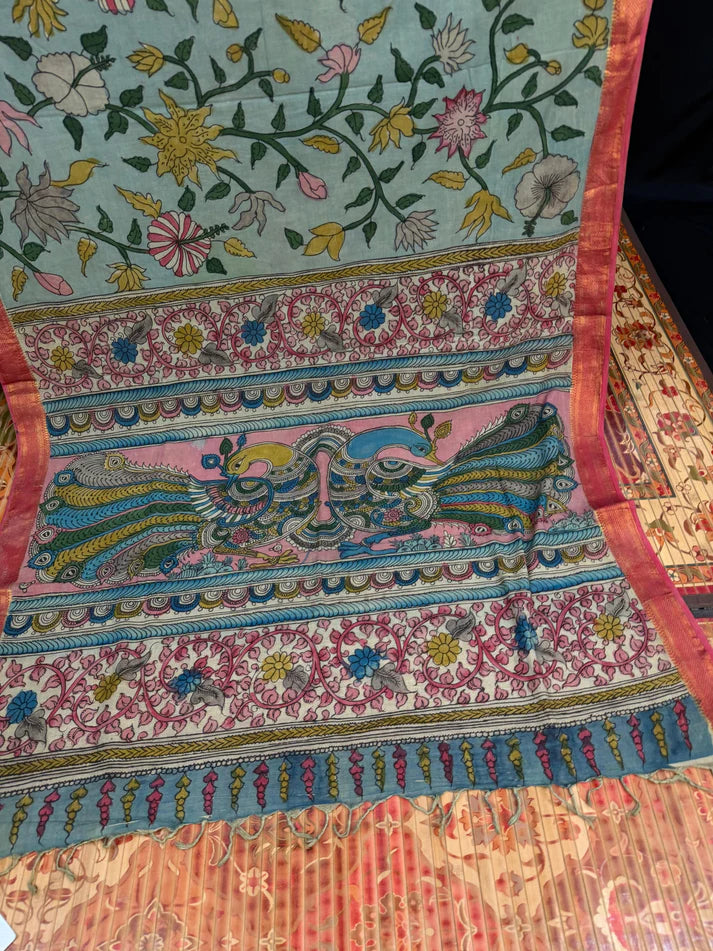 Floral Kalamkari Cotton Silk Saree with Contrast Border & Designer Blouse Piece
