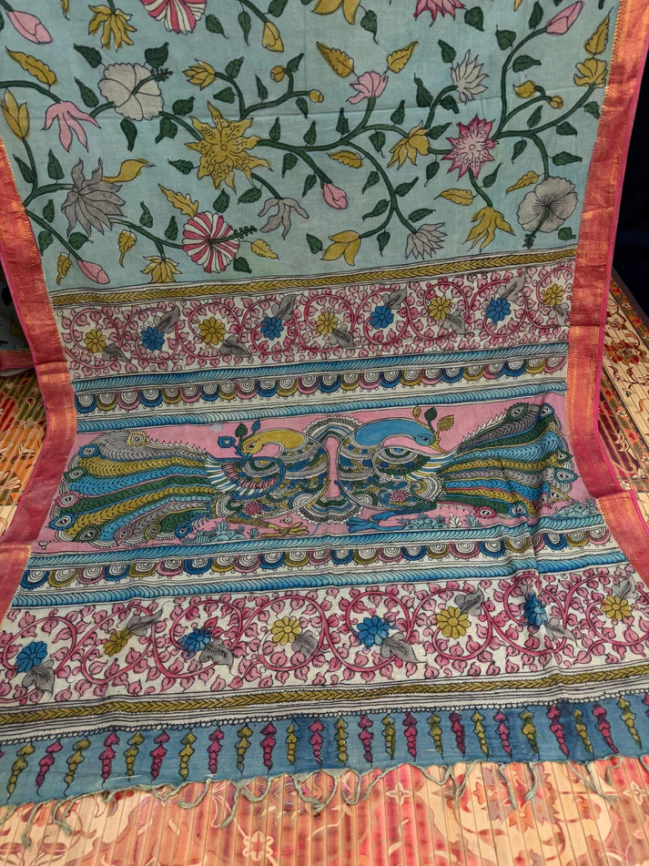 Floral Kalamkari Cotton Silk Saree with Contrast Border & Designer Blouse Piece