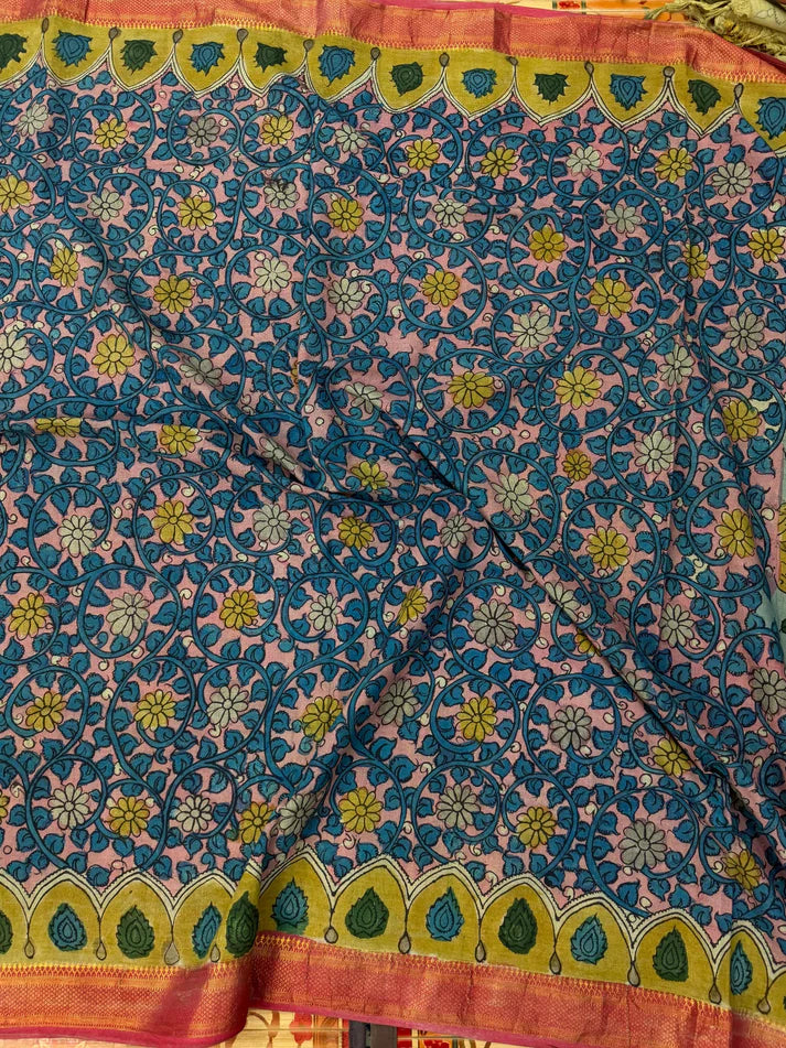 Floral Kalamkari Cotton Silk Saree with Contrast Border & Designer Blouse Piece